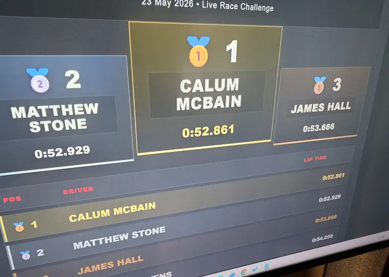 SIR Motorsport live leaderboard screen showing event results